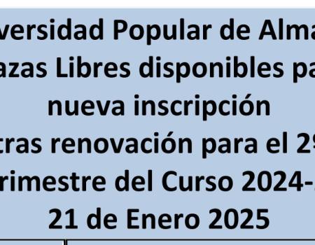 Universidad Popular de Almagro Plazas Libres disponibles para nueva inscripci�n tras renovaci�n para el 2� cuatrimestre del Curso 2024-2025 21 de Enero 2025