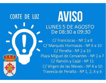 El Ayuntamiento informa de corte de luz en varias calles para el lunes 5 de agosto