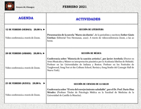 Tres conferencias para febrero en el Ateneo de Almagro