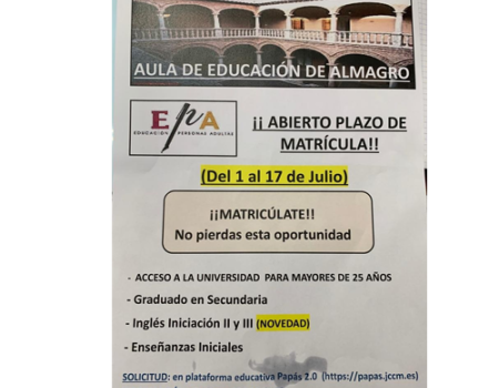 Abierto el plazo de matr�cula para el aula de educaci�n de adultos de Almagro