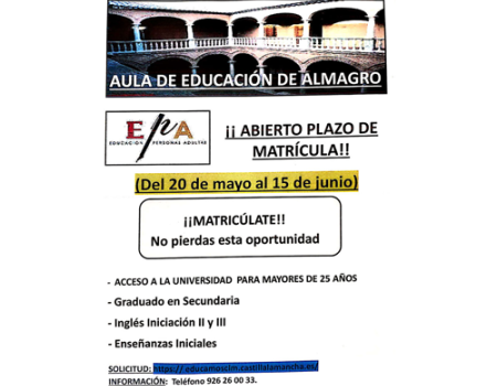 Abierto el plazo de matr�cula para el aula de educaci�n de adultos de Almagro 