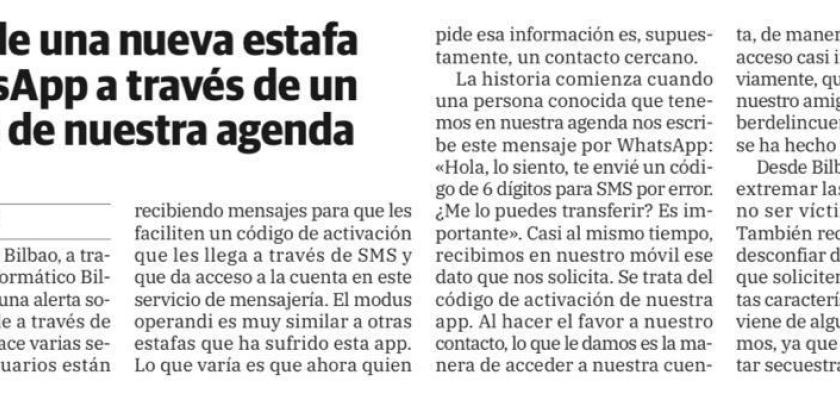 Alerta de una nueva estafa de Whatsapp a trav�s de un contacto de nuestra agenda
