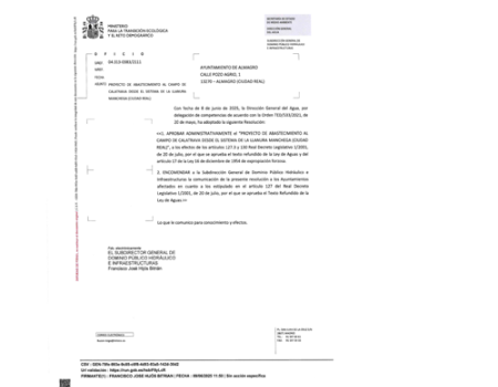 El Ayuntamiento aplaude la aprobaci�n administrativa del ramal de la Tuber�a Manchega que asegurar� el agua en la comarca 