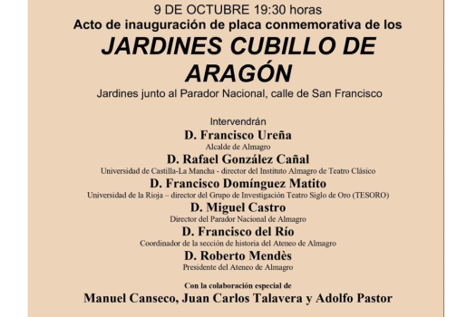 Almagro dedicar� los jardines exteriores del Parador a �lvaro Cubillo de Arag�n, dramaturgo almagre�o del Siglo de Oro