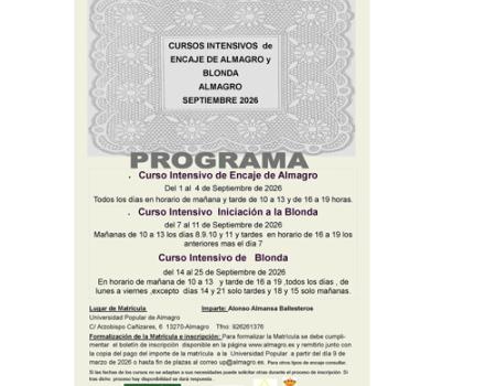 El plazo de inscripci�n para los cursos intensivos de encaje de Almagro y blonda del mes de septiembre se abre el pr�xim lunes