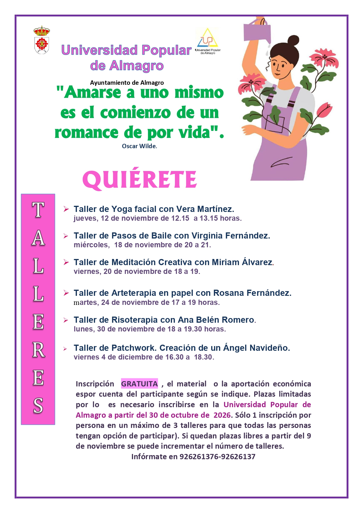 La Universidad Popular de Almagro presenta el programa de talleres «Quiérete» para fomentar el bienestar personal y la creatividad