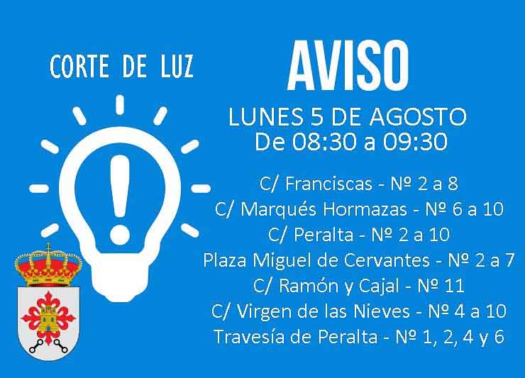 El Ayuntamiento informa de corte de luz en varias calles para el lunes 5 de agosto
