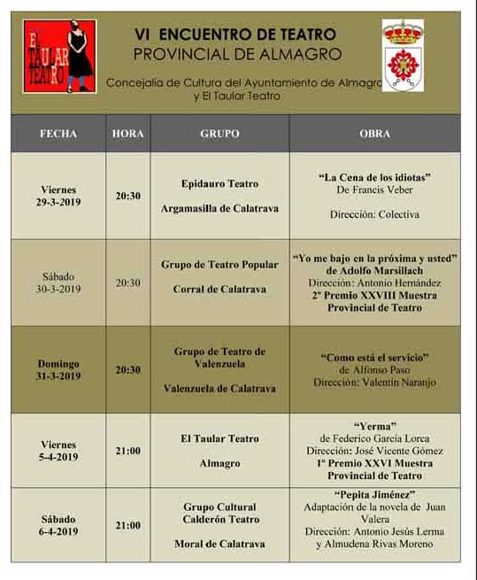 El VI Encuentro de Teatro Provincial de Aficionado de Almagro se desarrollará del 29 de marzo al 5 de abril