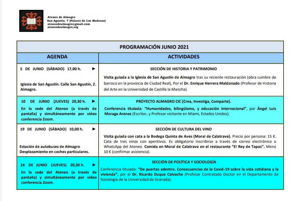 El Ateneo de Almagro organiza el mes de junio con diversas actividades