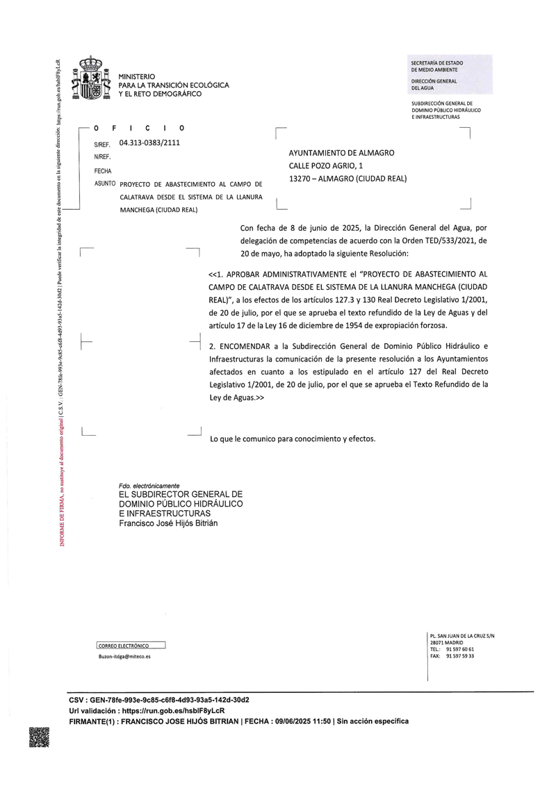 El Ayuntamiento aplaude la aprobación administrativa del ramal de la Tubería Manchega que asegurará el agua en la comarca